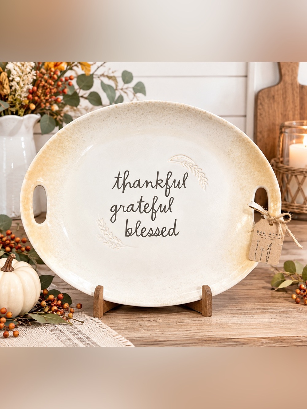 NWT Rae Dunn Heavy Ceramic Stoneware Thanksgiving Platter - “thankful, grateful,